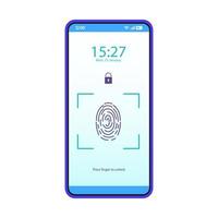 Touch ID smartphone interface vector template. Fingerprint scanner app. Mobile application page design layout. Finger scanning screen. Flat UI. Biometric authentication. Phone display with fingerprint