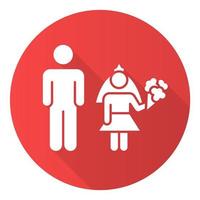 Child marriage red flat design long shadow glyph icon. Forcible wedlock. Compulsory marriage. Female, male rights. Relationship with no consent. Criminal offense. Vector silhouette illustration