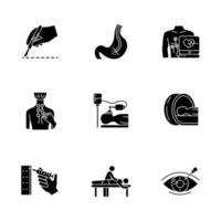 Medical procedure glyph icons set. Surgery. Endoscopy. Electrocardiogram. Physiotherapy. Anesthesia. Tomography. Massage. Vision correction. Silhouette symbols. Vector isolated illustration