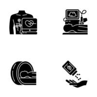 Medical procedure glyph icons set. Electrocardiogram. Ultrasound diagnostics. Tomography. Brain scan. Homeopathy. Organic pills. Herbal supplement. Silhouette symbols. Vector isolated illustration