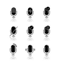 Microphone connection problem drop shadow black glyph icons set. Sound recorders idea. Connected mics. Different voice commands. Music equipment. Modern digital devices. Isolated vector illustrations