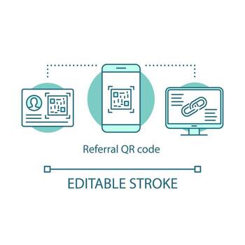 Referral QR code concept icon. Friend invitation link, Qr code idea thin line illustration. Technical protection system. Smm, social networking. Vector isolated outline drawing. Editable stroke