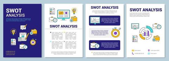 SWOT analysis blue background brochure template layout. Flyer, booklet, leaflet print design with linear illustrations. Vector page layouts for magazines, annual reports, advertising posters