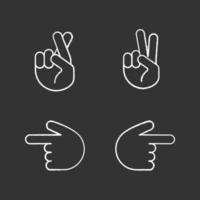 Hand gesture emojis chalk icons set. Luck, lie, victory, peace gesturing. Backhand index pointing left and right. Isolated vector chalkboard illustrations