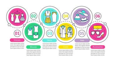 plantilla de infografía de vector de moda femenina. ropa. vestidos, blusas, faldas, abrigos, sombreros, complementos. visualización de datos con seis pasos, opciones. gráfico de la línea de tiempo del proceso. diseño de flujo de trabajo con iconos