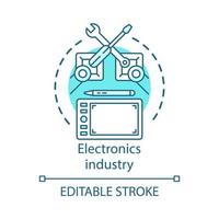 Electronics industry concept icon. Technical service. Production and repair automation. Robot hands tablet idea thin line illustration. Vector isolated outline drawing. Editable stroke