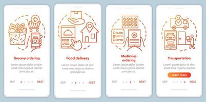 servicios de entrega incorporados plantilla de vector de pantalla de página de aplicación móvil. Pasos del sitio web del tutorial de la industria del transporte comercial con ilustraciones lineales. concepto de interfaz de teléfono inteligente ux, ui, gui