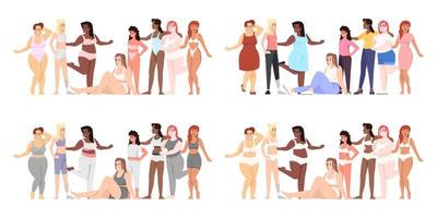 conjunto de ilustraciones vectoriales planas de mujeres. cuerpo positivo. figura delgada y de talla grande. lucha por la igualdad y el feminismo. señoras sonrientes de diferentes nacionalidades personajes de dibujos animados aislados vector