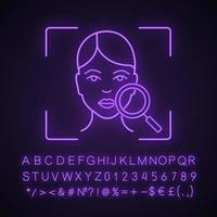 Face scanning neon light icon. Facial recognition. Human head and magnifying glass. Face ID. Identity verification. Glowing sign with alphabet, numbers and symbols. Vector isolated illustration