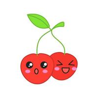 Cherries cute kawaii vector character. Happy and astonished berries with smiling faces. Laughing and frowned food. Funny emoji, emoticon, smile. Isolated cartoon color illustration