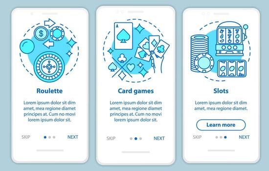 Casino games onboarding mobile app page screen with linear concepts. Roulette, card games, slots walkthrough steps graphic instructions. Gambling. UX, UI, GUI vector template with illustrations