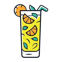 Moxito color icon. Mojito cocktail in highball glass slice of citrus and straw. Mixed drink with mint and lemon. Refreshing alcohol drink for party. Isolated vector illustration