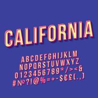 letras de vector 3d vintage de california. fuente en negrita retro, tipografía. texto estilizado del arte pop. Números de letras de estilo de la vieja escuela, símbolos, paquete de elementos. Cartel de los 90, 80, pancarta. fondo de color índigo