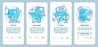 Manufacturing process blue onboarding mobile app page screen with linear concepts. Primary, secondary, tertiary, quaternary walkthrough steps graphic instructions. UX, GUI vector template with icons