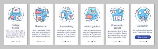 plantilla de vector de pantalla de página de aplicación móvil de incorporación de producción de video. proceso de realización de películas. industria del cine. paso a paso del sitio web con ilustraciones lineales. concepto de interfaz de teléfono inteligente ux, ui, gui