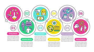 problemas de comportamiento vector plantilla de infografía. abuso de drogas y alcohol, prostitución, acoso sexual. visualización de datos con seis pasos. gráfico de la línea de tiempo del proceso. diseño de flujo de trabajo con iconos lineales