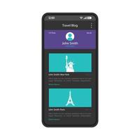 blog de viajes plantilla de vector de interfaz de teléfono inteligente. diseño de la página de la aplicación móvil. Pantalla de cuenta de redes sociales con publicación. contenido fotográfico de turismo. interfaz de usuario plana para la aplicación. pantalla del teléfono con servicio de noticias