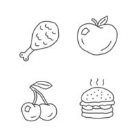 Conjunto de iconos lineales de nutrición saludable y dañina. símbolos de contorno de línea fina de alimentación natural y poco saludable. pierna de pollo, manzana, cereza y hamburguesa ilustraciones de contorno vectorial aislado. trazo editable vector