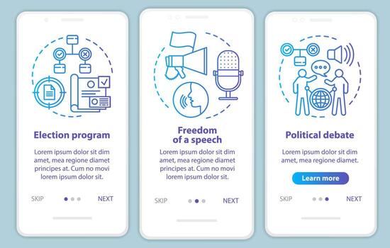 Elections onboarding mobile app page screen vector template. Election program, political debate. Walkthrough website steps with linear illustrations. UX, UI, GUI smartphone interface concept