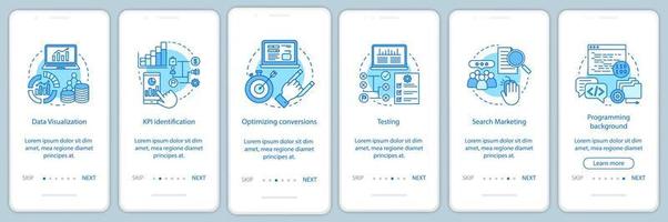 Cursos de métricas empresariales incorporación de plantilla de vector de pantalla de página de aplicación móvil. estadísticas de marketing y publicidad. paso a paso del sitio web. pruebas de nichos comerciales. interfaz de teléfono inteligente ux, ui, gui