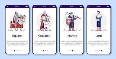 Medieval personages onboarding mobile app page screen vector template. Four walkthrough website steps with flat cartoon characters. Old age king and knights. UX, UI, GUI smartphone interface concept