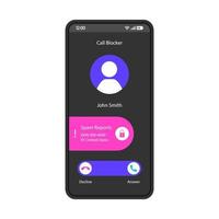 Call blocker smartphone interface vector template. Mobile app page black design layout. Unwanted incoming calls rejecting screen. Flat UI for application. Add to blacklist, spam. Phone display