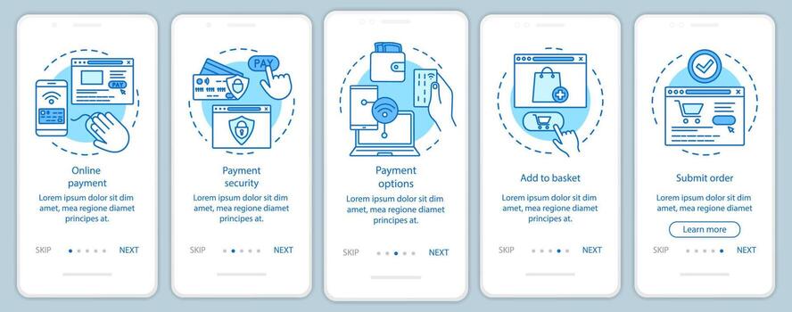 Online shopping onboarding mobile app page screen with linear concepts. Digital purchase. Internet marketing. E-commerce. Steps graphic instructions. UX, UI, GUI vector template with illustrations