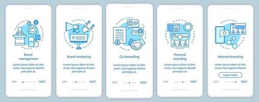 Branding types onboarding mobile app page screen vector template. Personal, internet branding, co-branding. Walkthrough website steps, linear illustrations. UX, UI, GUI smartphone interface concept