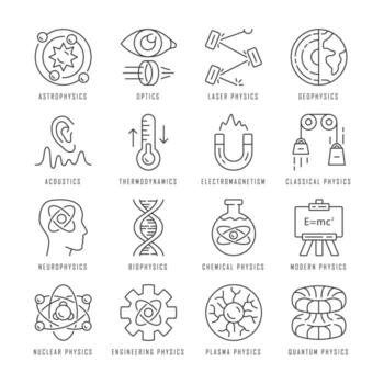 Physics branches linear icons set. Physical processes and phenomenons. Classical, modern and quantum physics. Thin line contour symbols. Isolated vector outline illustrations. Editable stroke