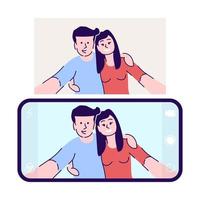 Selfie flat vector illustration. Couple in love taking photo. Smiling man and woman hugging for romantic self portrait isolated cartoon character on with outline elements on white background