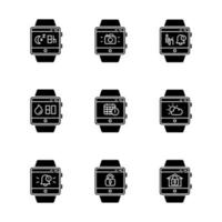 Fitness tracker functions glyph icons set. Wristband smartwatch capabilities. Scheduling events, sleep timer, weather forecast, notifications. Silhouette symbols. Vector isolated illustration