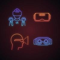 conjunto de iconos de luz de neón de realidad virtual. reproductor de realidad virtual con máscara, controladores inalámbricos, vista interior de auriculares, gafas 3d. signos brillantes. ilustraciones vectoriales aisladas vector