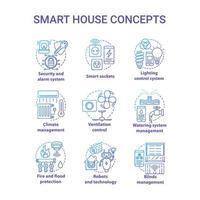 Smart house blue gradient concept icons set. Innovative technology for apartments idea thin line illustration. Domotics. Smoke detectors. Home automation. Vector isolated outline drawing