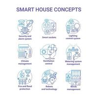 Conjunto de iconos de concepto de degradado azul de casa inteligente. tecnología innovadora para apartamentos idea ilustración de línea fina. domótica. detectores de humo. automatización del hogar. dibujo de contorno aislado vectorial vector