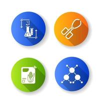 Science development flat design long shadow glyph icons set. Biotechnologies equipment. Experiment methodology. Working in laboratory. Organic chemistry research. Vector silhouette illustration
