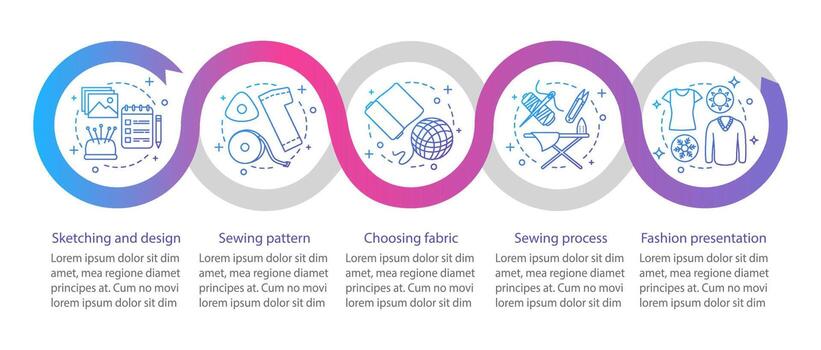 plantilla de infografía de vector de confección. boceto y diseño, patrón de costura, presentación de moda. visualización de datos con cinco pasos y opciones. gráfico de la línea de tiempo del proceso. diseño de flujo de trabajo con iconos