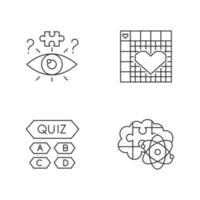 Puzzles and riddles linear icons set. Trivia quiz. Nonogram. Logic game. Problem solving process. Visual brain teaser. Thin line contour symbols. Isolated vector outline illustrations. Editable stroke