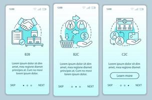 Business models onboarding mobile app page screen vector template. B2B, B2C, C2C. walkthrough website steps with linear illustrations. Marketing campaign. UX, UI, GUI smartphone interface concept