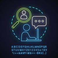 Job searching neon light concept icon. Work finding idea. HR management. Person applying for a job. Glowing sign with alphabet, numbers and symbols. Vector isolated illustration