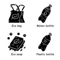 Zero waste swaps handmade glyph icons set. Eco friendly, reusable products, materials. Plastic water bottle, eco soap, shopping bag. Silhouette symbol. Negative space. Vector isolated illustration