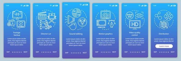 Video production onboarding mobile app page screen vector template. Film making process. Movie industry. Walkthrough website steps with linear illustrations. UX, UI, GUI smartphone interface concept