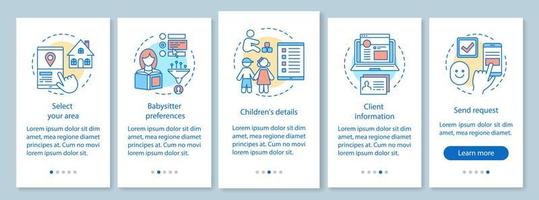 Babysitter request onboarding mobile app page screen with linear concepts. Order, preference, details, request walkthrough steps graphic instructions. UX, UI, GUI vector template with illustrations