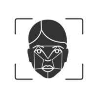 icono de glifo de análisis de impresión facial. símbolo de silueta. software de reconocimiento facial. escaneo de identificación facial. identificación biométrica. espacio negativo. vector ilustración aislada