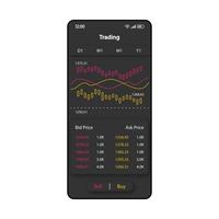 Trading reports smartphone interface vector template. Mobile app page black design layout. Ask and bid price comparison screen. Flat UI for application. FInancial statistics phone display