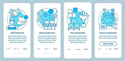 Manufacturing method blue onboarding mobile app page screen with linear concepts. Job, batch, process production walkthrough steps graphic instructions. UX, UI, GUI vector template with illustrations