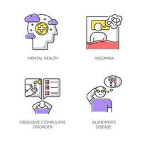 Mental disorder color icons set. Insomnia and sleep deprivation. Obsessive-compulsive syndrome. Alzheimer's disease. Dementia from old age. Psychological health. Isolated vector illustrations