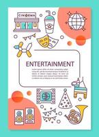 Entertainment industry poster template layout. Cinema, music and events. Banner, booklet, leaflet print design with linear icons. Vector brochure page layouts for magazines, advertising flyers