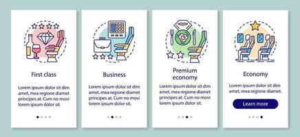 Airline travel class seating onboarding mobile app page screen with linear concepts. Business, economy class seats walkthrough steps graphic instructions. UX, UI, GUI vector template with icons