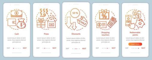 Recompensas de referencia al incorporar la pantalla de la página de la aplicación móvil con conceptos lineales. instrucciones gráficas de los pasos del tutorial. efectivo, premios, descuentos. ux, ui, plantilla de vector de interfaz gráfica de usuario con ilustraciones