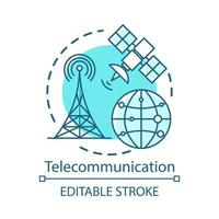 Telecommunication concept icon. Overall wireless network. Satellite connection. Global communication system idea thin line illustration. Vector isolated outline drawing. Editable stroke